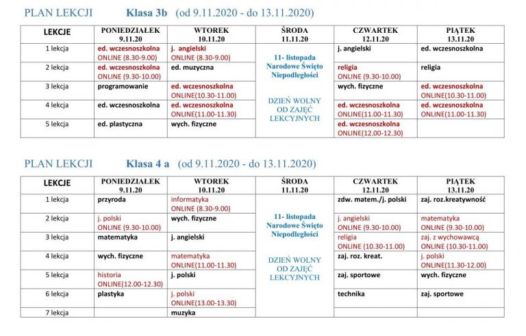 Plan Lekcji Zso 1 Gliwice - Plan lekcji: klasy 1- 8 (z lekcjami online) – od 9 listopada