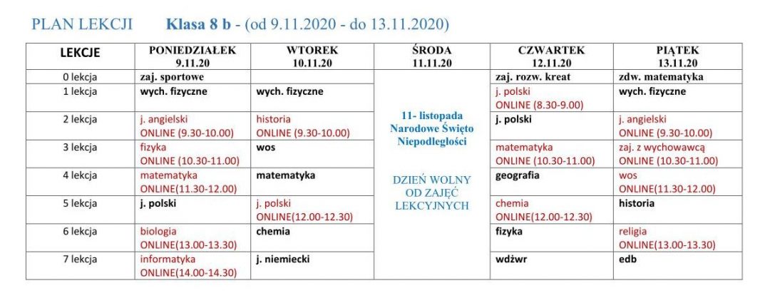 Plan lekcji: klasy 1- 8 (z lekcjami online) – od 9 listopada