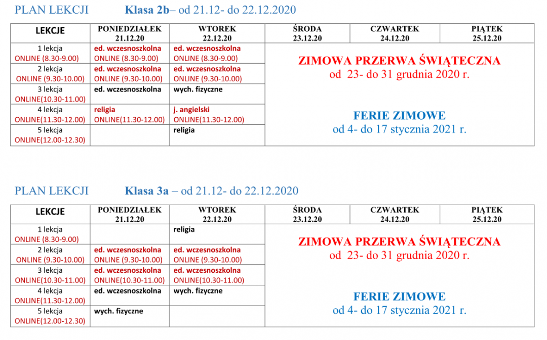 Plan lekcji: 21 – 22 grudnia | Zespół Szkół w Józefowie n. Wisłą