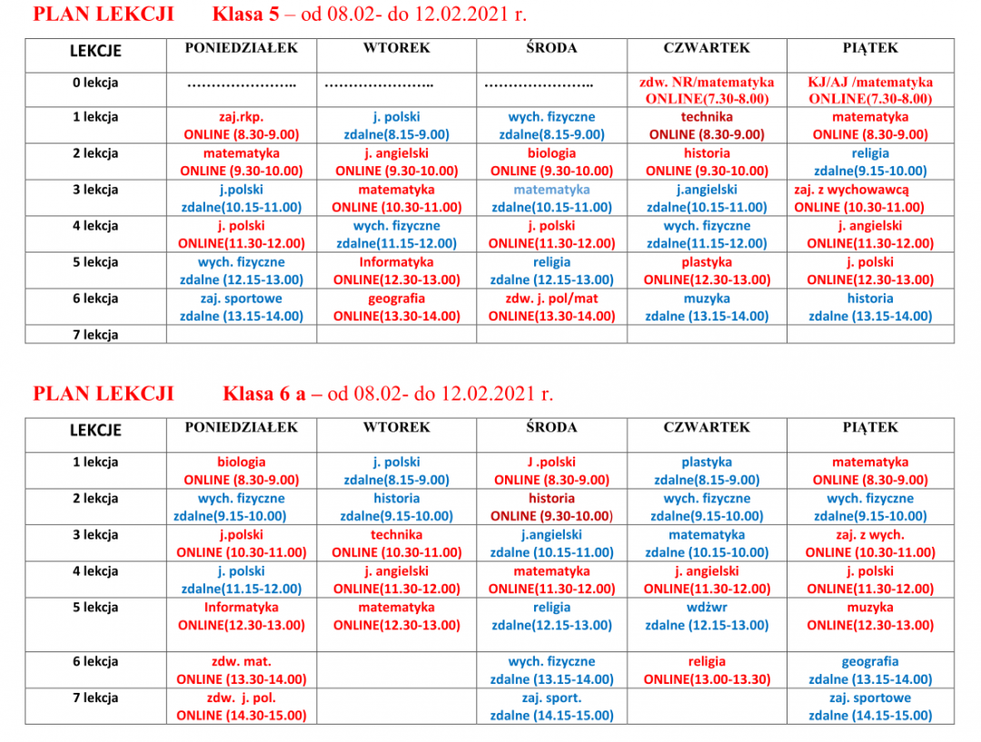 Plan lekcji dla klas 4 – 8 (od 8 do 12 lutego) | Zespół Szkół w