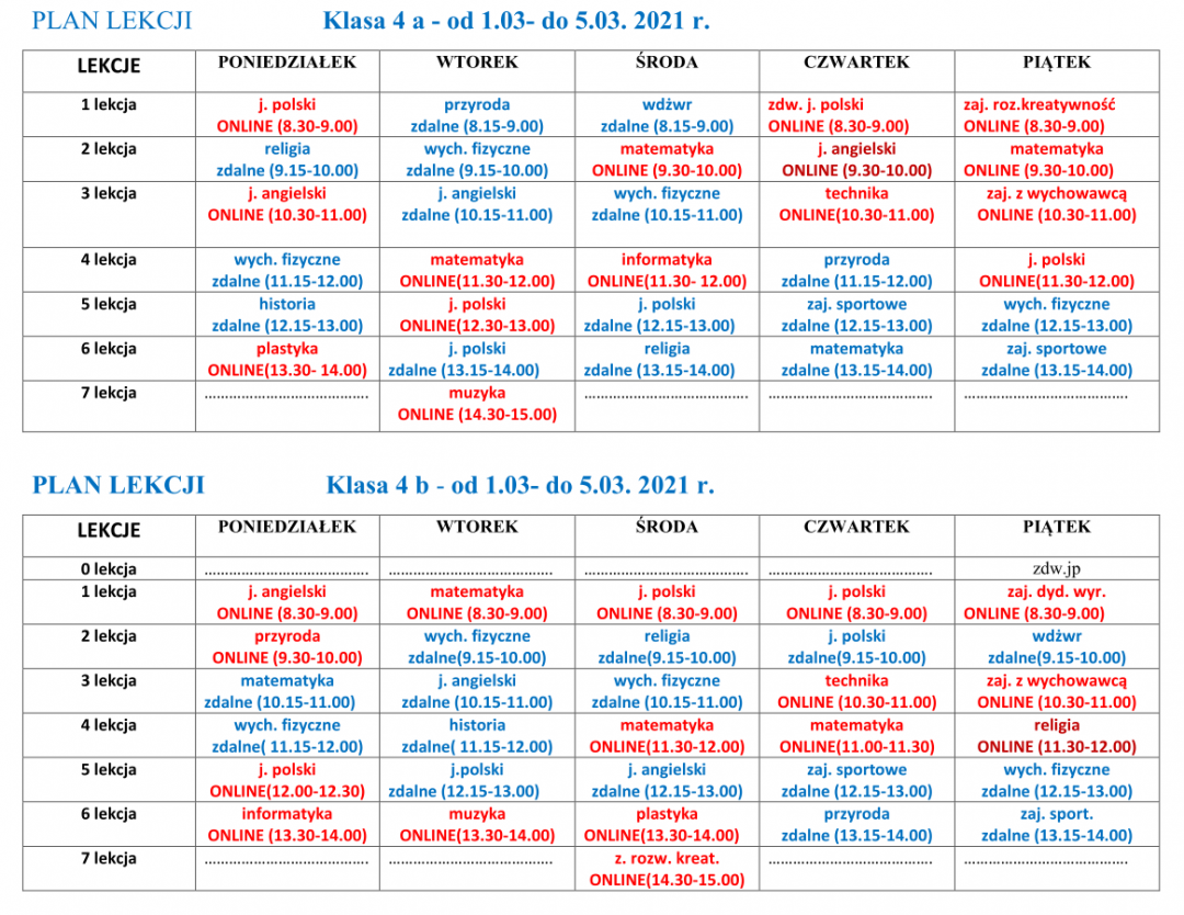 Plan lekcji klas 4- 8 (1 – 5 marca) | Zespół Szkół w Józefowie n. Wisłą