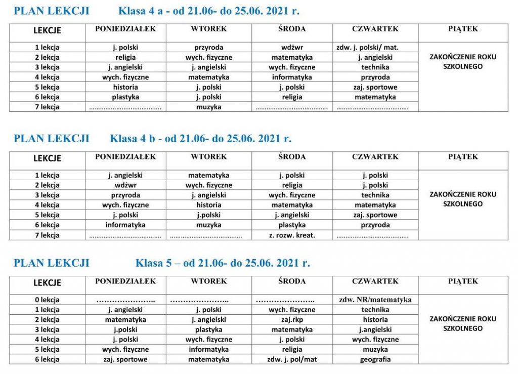 Plan lekcji klas 4-8 (21 – 25 czerwca) | Zespół Szkół w Józefowie n. Wisłą